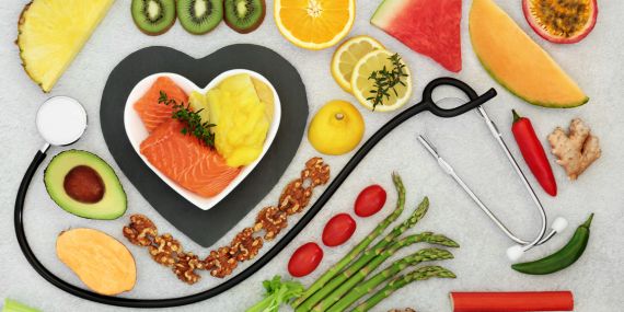 healthy foods with a heart and stetoscope