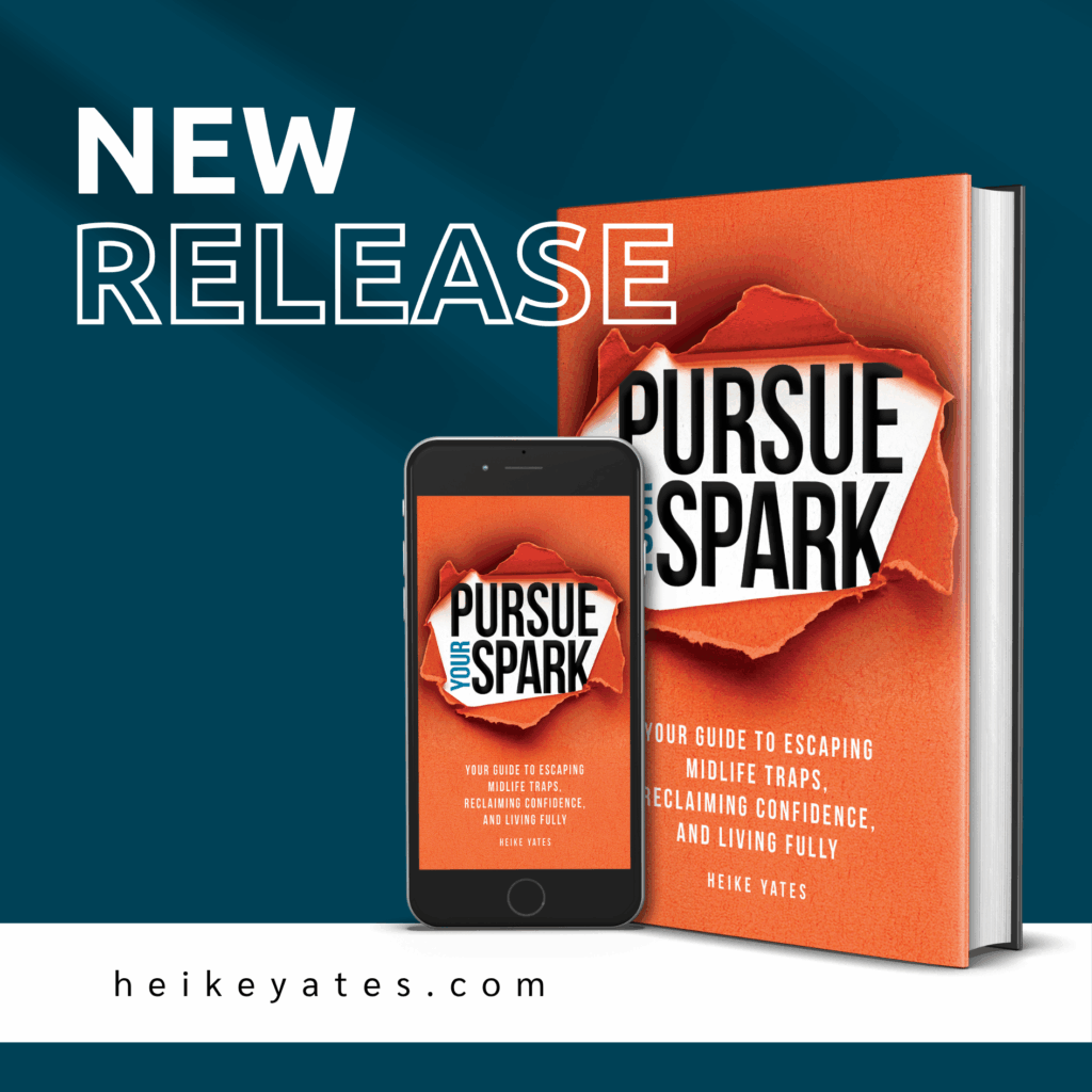 Book release by Heike Yates, midlife fitness coach. Pursue your spark the book. Book graphics with title new release.